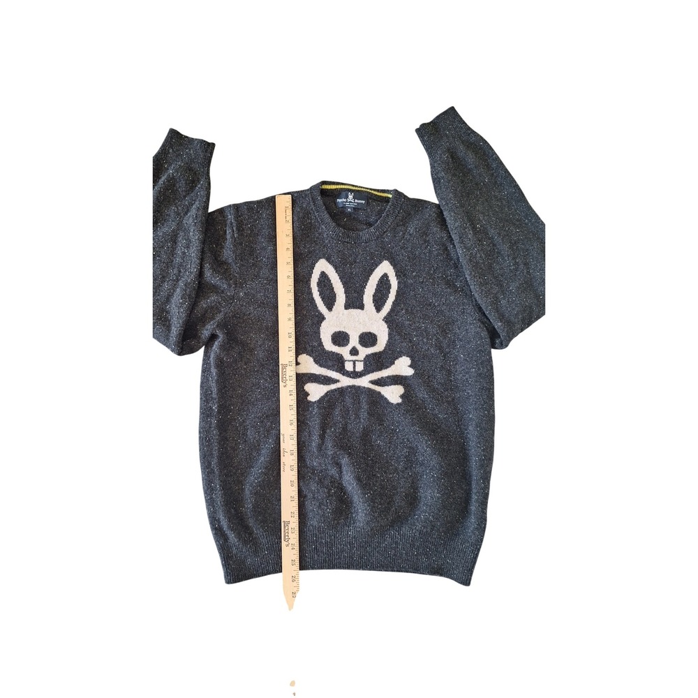 Psycho Bunny Mens XL Charcoal Grey 100% Merino Wool Skull Logo Sweater - Picture 6 of 7